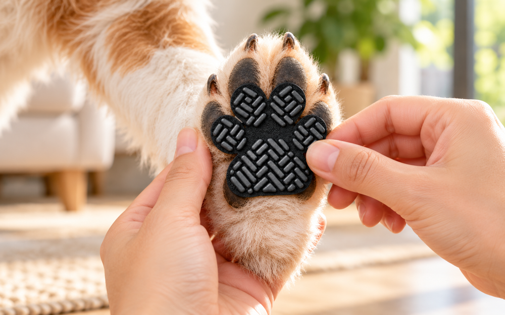 PawGrip being placed onto a dog’s paw pad