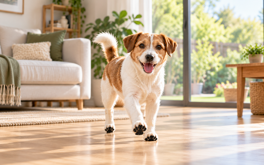 Dog walking confidently on a smooth indoor floor