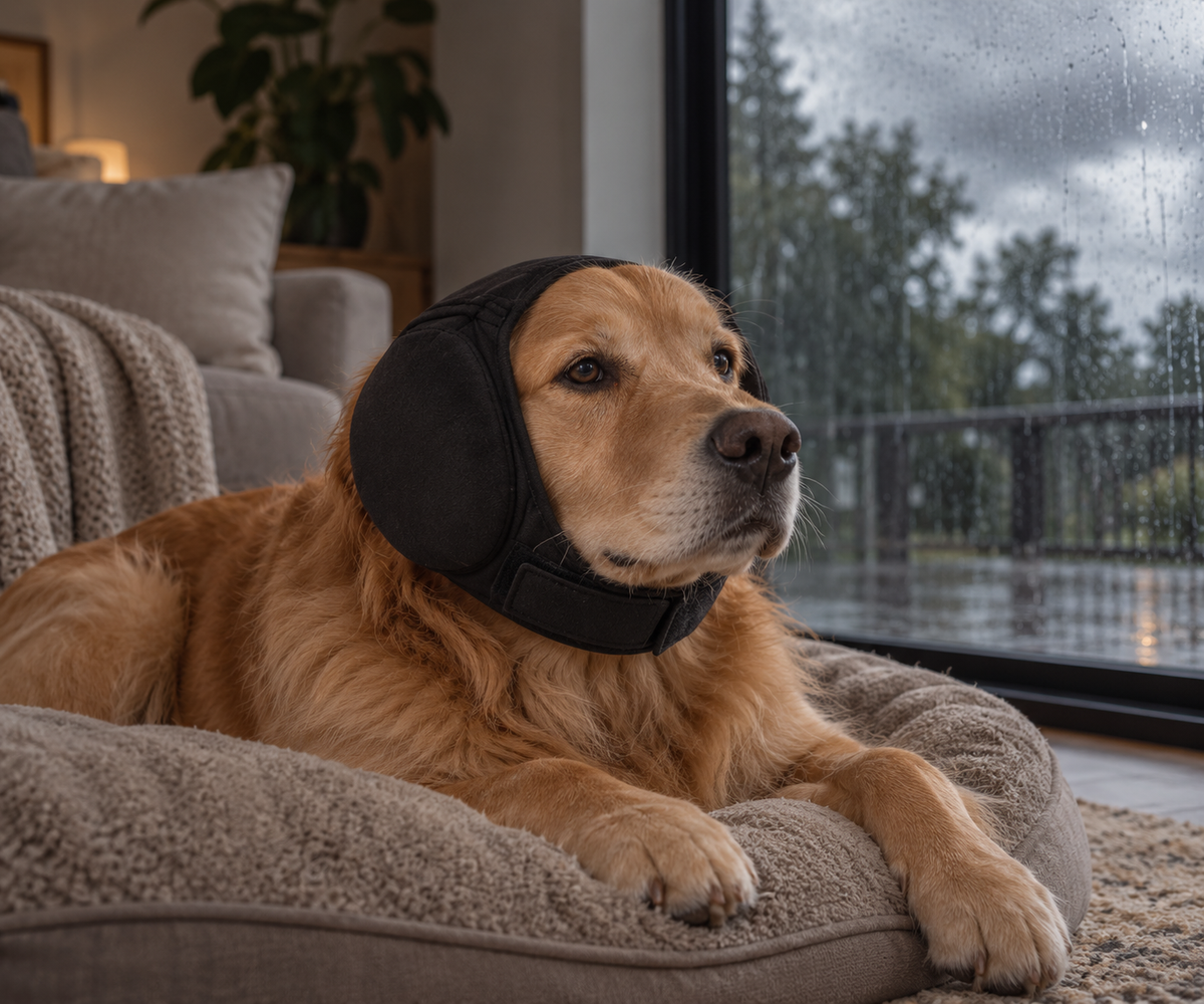 Dog wearing EarWrap resting comfortably near its owner